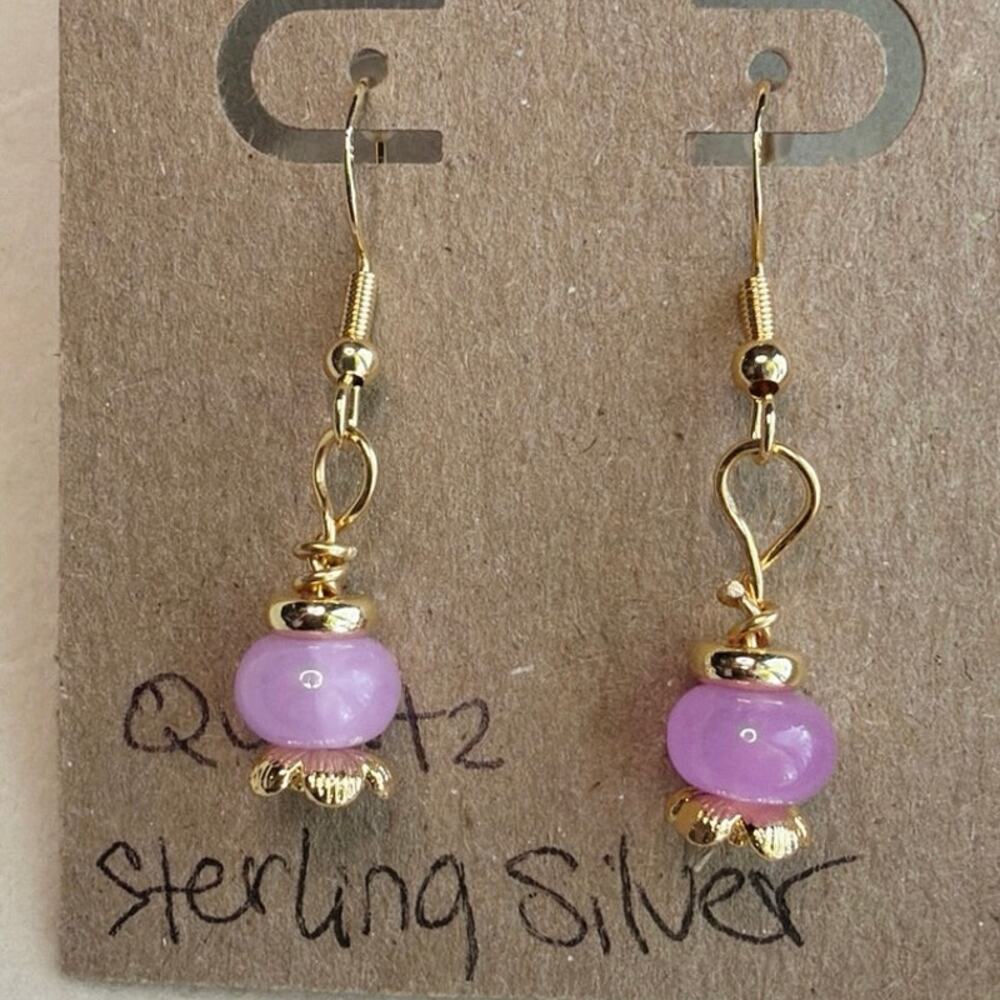 Jade Gemstone Earrings, Pink, Purple, Gold Over Sterling Silver, Flower